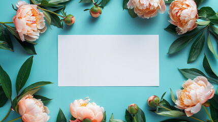 Wall Mural - Photo of a white cardstock surrounded by peach peonies and green leaves on the sides, set against a blue background, arranged in a flat lay.