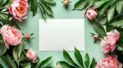 Wall Mural - Photo of a white cardstock surrounded by pink peonies and green leaves on the sides, set against a green background, arranged in a flat lay.