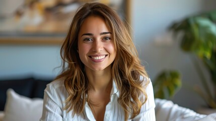 Wall Mural - A woman with long brown hair is smiling and sitting on a couch. The couch is covered in pillows and a potted plant is nearby