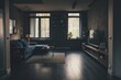 © Dina - minimal stylish interior of bachelors apartment living room  in dark black color palette and comfortable couch or sofa furniture