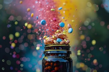 colorful vitamins exploding from a brown glass jar - medicine, pills. Pharmacy ad poster. Nutrition supplements.
