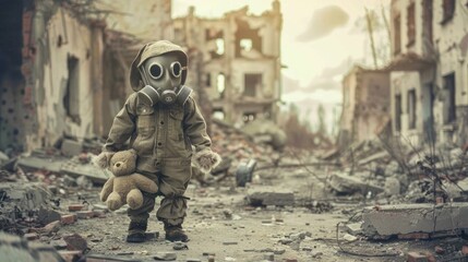 Wall Mural - A child wearing a gas mask, standing amidst the rubble of a war-ravaged street, with a tattered teddy bear in hand, symbolizing the innocence lost in conflict