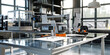 © Lila Patel - Industrial Design Studio: A metal and glass desk in a modern, open-concept design studio, with 3D printers and sketches.
