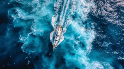 Wall Mural - Top-down shot of a sailing boat cutting through deep blue sea, highlighting the contrast between man-made vessel and nature