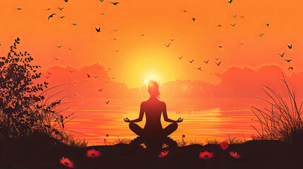 Wall Mural - Person meditating at sunset with falling leaves