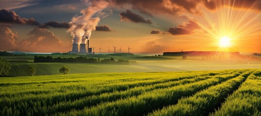 Energy plant with smoke rising over green fields at sunset, illustrating global climate change.