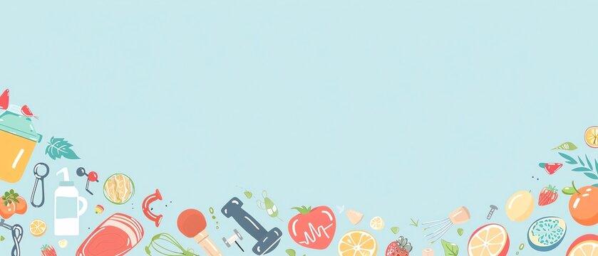 Fitness background with health icons and workout gear, promoting a healthy lifestyle, exercise, and wellness