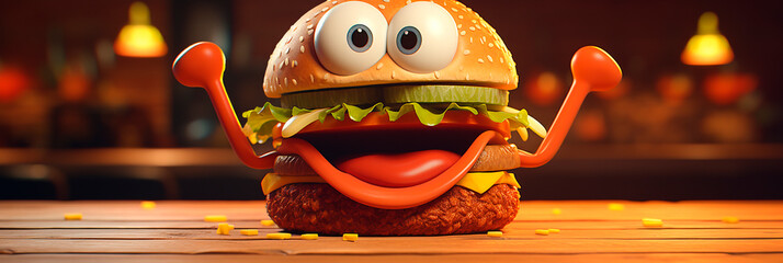 Bon appetit banner. Delicious burger on wooden table in restaurant. Funny cartoon hamburger with eyes and smile. Cute illustration for school notebook, menu, puzzle, cover. Burger Day.