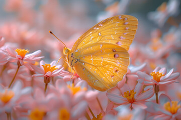 Poster - Light pastel yellow and coral butterfly garden. Concept of nature and beauty. Generative Ai.