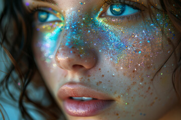 Wall Mural - A woman with a galaxy painted on her face. Concept of space and beauty. Generative Ai.