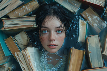 Poster - A woman submerged in a sea of books. Concept of knowledge and immersion. Generative Ai.