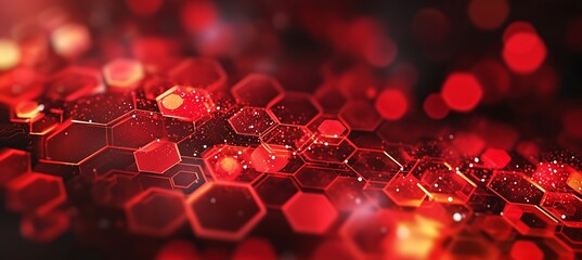 Geometric hexagonal shapes accentuate a golden and red banner backdrop with a bokeh effect