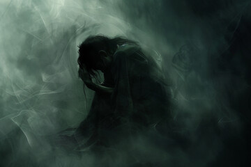 Wall Mural - the heavy burden of dark thoughts through a symbolic scene, possibly featuring a figure hunched unde