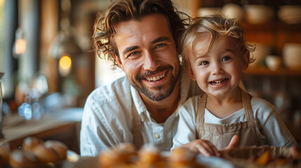 Wall Mural - Playful toddler son wiping frosting on father s nose.generative ai