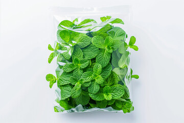 A clear plastic bag filled with fresh green mint leaves, isolated on a white background.