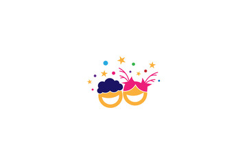 happy child face logo with decorated stars and colorful bubbles in flat vector design style