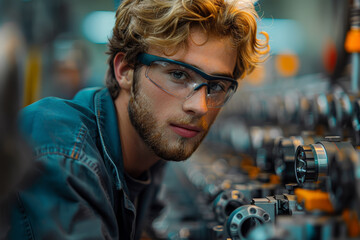 Poster - A factory worker assembling parts on a production line. Concept of industry and efficiency. Generative Ai.