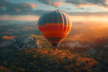 Wall Mural - A hot air balloon floating over a vibrant, multicolored landscape. Concept of aerial views and unique experiences. Generative Ai.