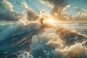 Wall Mural - A surfer catching waves on a famous beach. Concept of beach activities and water sports. Generative Ai.
