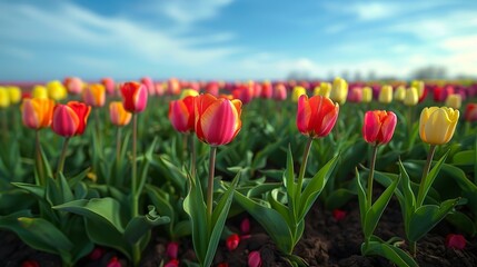 Wall Mural - Tulip Fields in Full Bloom: Display the endless rows of colorful tulips, with their rich reds, yellows, and purples contrasting beautifully against the bright green stems and leaves of a spring