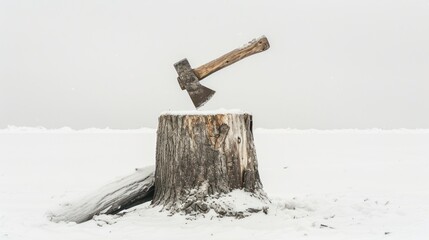 A wooden ax stuck in a snowy tree stump, a forest lumberjack ax. Carpenter's Ax in isolated white background.