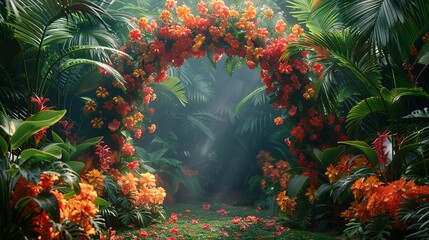 the front perspective of an arch adorned with tropical flowers and leaves, providing a vibrant, exot