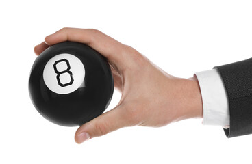 Wall Mural - Man holding magic eight ball on white background, closeup