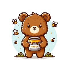 Wall Mural - This is a cute bear with brown fluffy fur. This is a cartoon modern character with grizzly mascot standing with honey in a pot, with bees