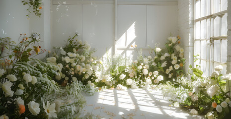 A white room with a large window and a bunch of white flowers