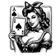 Wall Mural - pin-up girl displaying an Ace of Spades card, symbolizing luck and strategy sketch engraving fictional character vector illustration. Scratch board imitation. Black and white image.