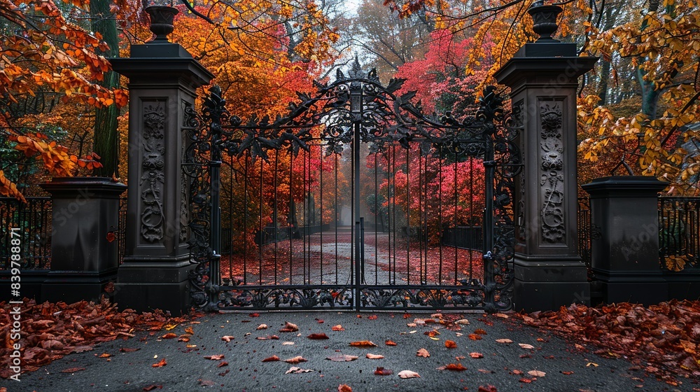 The gate with details of autumn leaves, showing the transition of ...