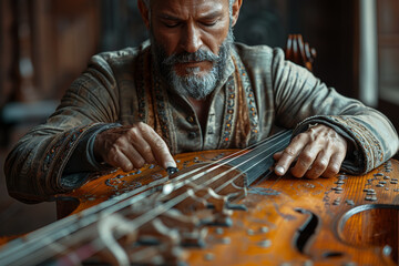 Poster - A musician playing a symphony on homemade instruments. Concept of musical ingenuity. Generative Ai.