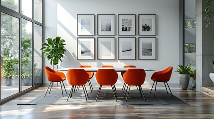 A modern dining area with a minimalist table and bright chairs, the focal point being a wall of picture frames in varying sizes, each holding contemporary art or family photos. shiny, Minimal and