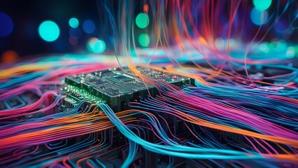 Wall Mural - A colorful computer chip is surrounded by a web of wires