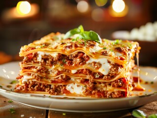 Wall Mural - Lasagna Italian Meat Cheese Noodle Close-Up Food Dining Dinner Blurred Background Image