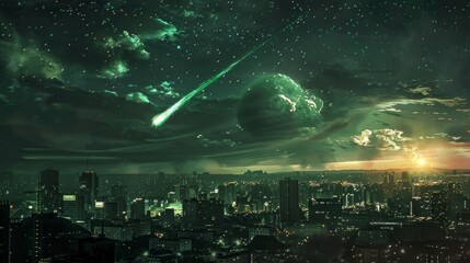 Wall Mural - green meteor passing through the night skies