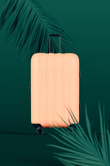 Poster - Pink travel luggage with palm leaf on green background. Summer travel concept design. 3D Rendering, 3D Illustration