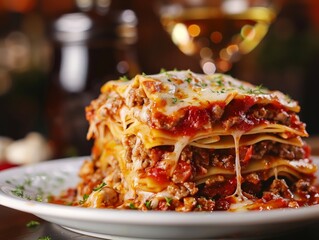 Wall Mural - Lasagna Italian Meat Cheese Noodle Close-Up Food Dining Dinner Blurred Background Image	
