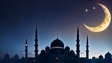 A large mosque is lit up at night with a crescent moon in the background