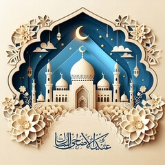 Sticker - eid-al-adha mubarak beautiful islamic greeting card Paper cut style. Vector illustration for social media generative ai