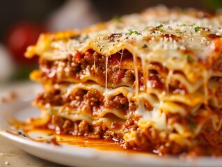 Wall Mural - Lasagna Italian Meat Cheese Noodle Close-Up Food Dining Dinner Blurred Background Image	

