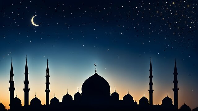 A silhouette of a mosque with a crescent moon in the background