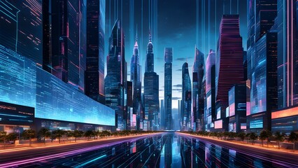 Wall Mural - A cityscape with neon lights and tall buildings