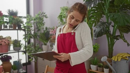 Sticker - A young woman in a flower shop, wearing a red apron, writes on a clipboard amidst vibrant indoor plants.