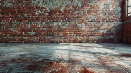 Concrete floor with old red brick wall, empty room