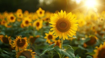 Wall Mural - Sunlit field of sunflowers, cheerful and bright, natural beauty, copy space