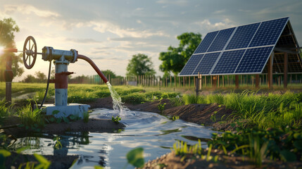 Wall Mural - solar powered water pump at agriculture farm, eco friendly green energy 