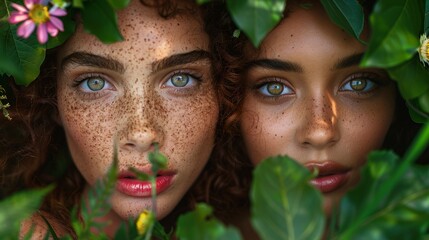 Poster - Two women with freckles and radiant eyes peeking through lush green foliage and vibrant flowers, highlighting natural beauty and strong connection to nature