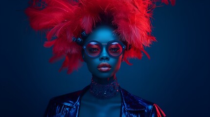 Poster - Female model - photo shoot - stylish presentation - red wig - red sunglasses 