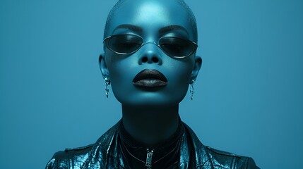Wall Mural - Attractive African-American female - blue background - leather outfit - fashion shoot - stylish presentation 